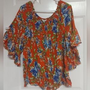 🦄 Vintage Est 1946 Floral Blouse in Orange and Blue 22/24W 24 1/2 Pit